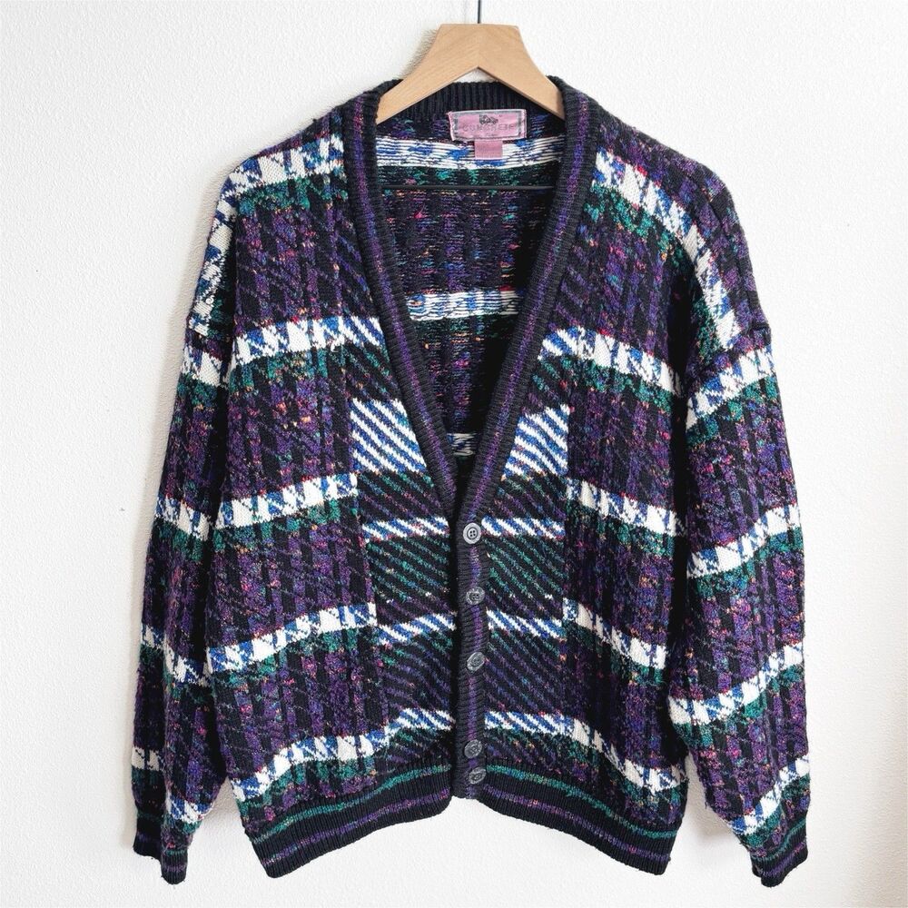 Purple Plaid V-Neck Cardigan Sweater